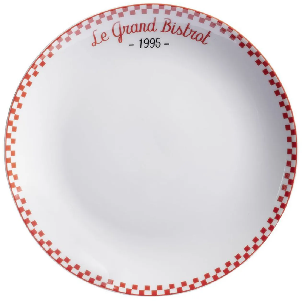Assiette à dessert Le grand bistrot contour damier rouge blanc