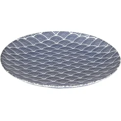 Assiette plate motif vague japonaise bleue et blanche
