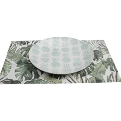 Assiette plate ronde en faïence motif ananas blanc et bleu