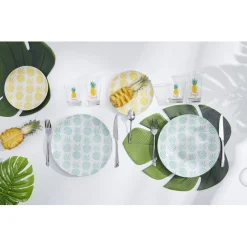 Assiette plate ronde en faïence motif ananas blanc et bleu