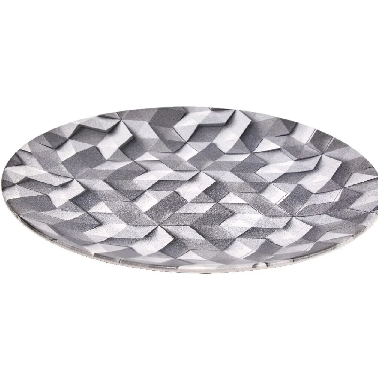 Assiette plate ronde motif origami gris et blanc