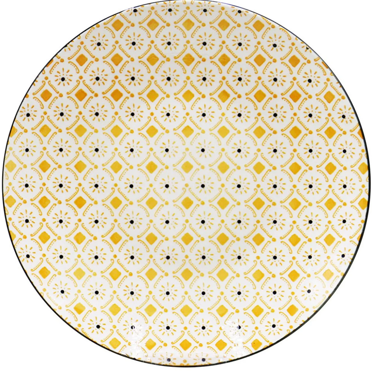 Assiette plate ronde Praia motif blanc jaune noir