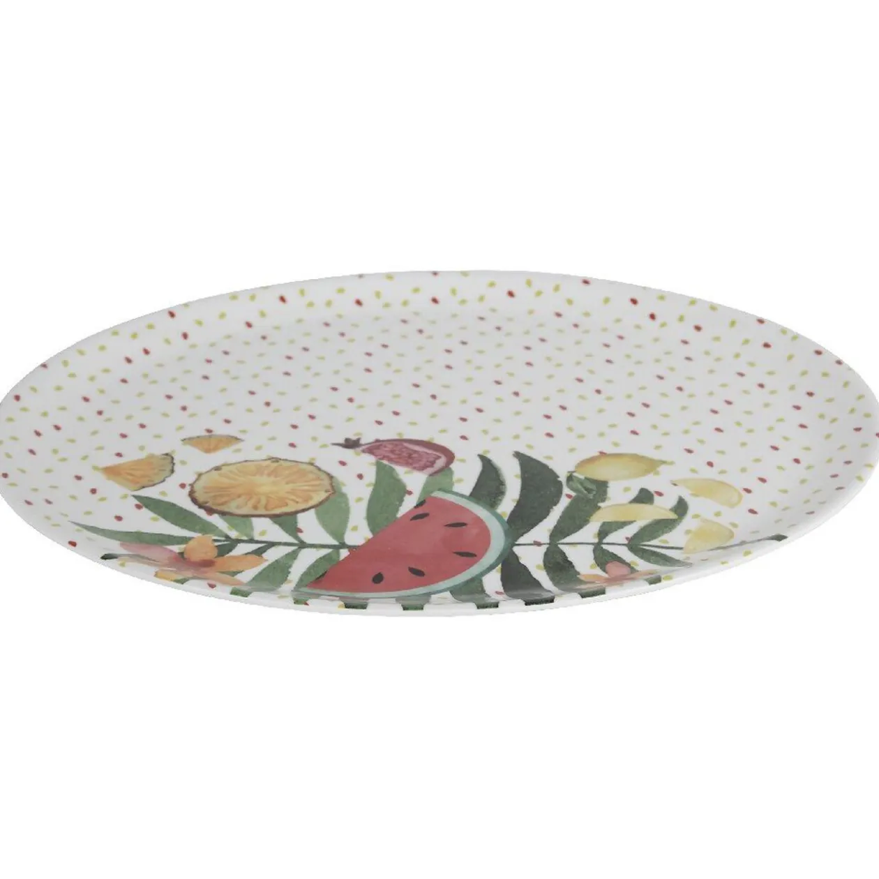 Assiette ronde motifs fruits exotiques et feuille de palmier