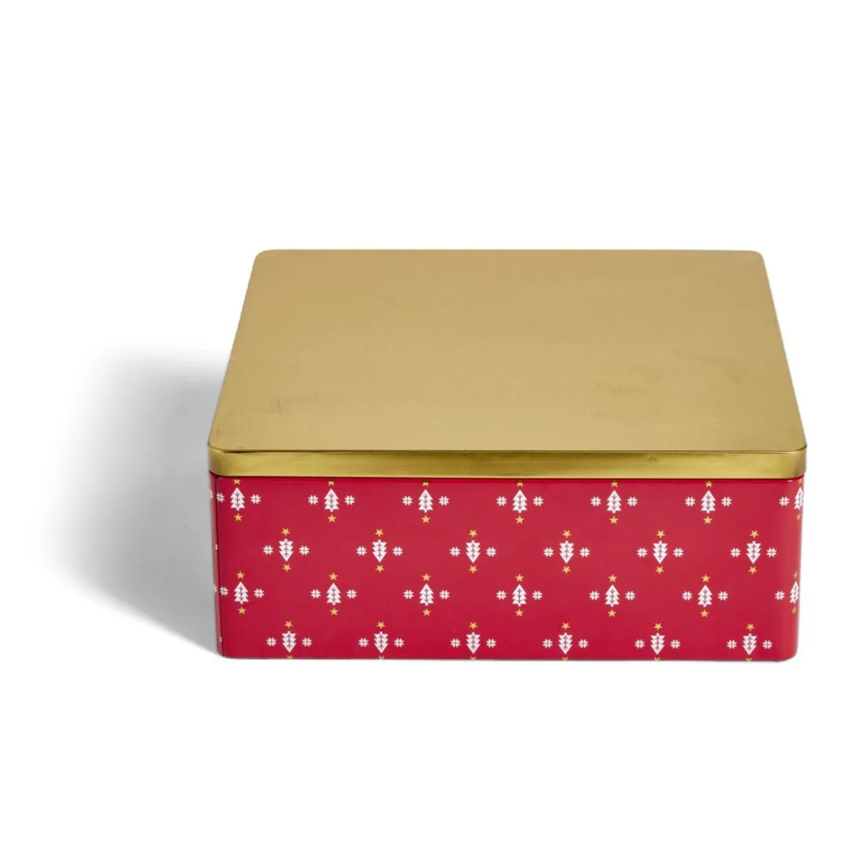 Boîte alimentaire carrée motif Noël métal rouge et dorée 26x26xH10cm