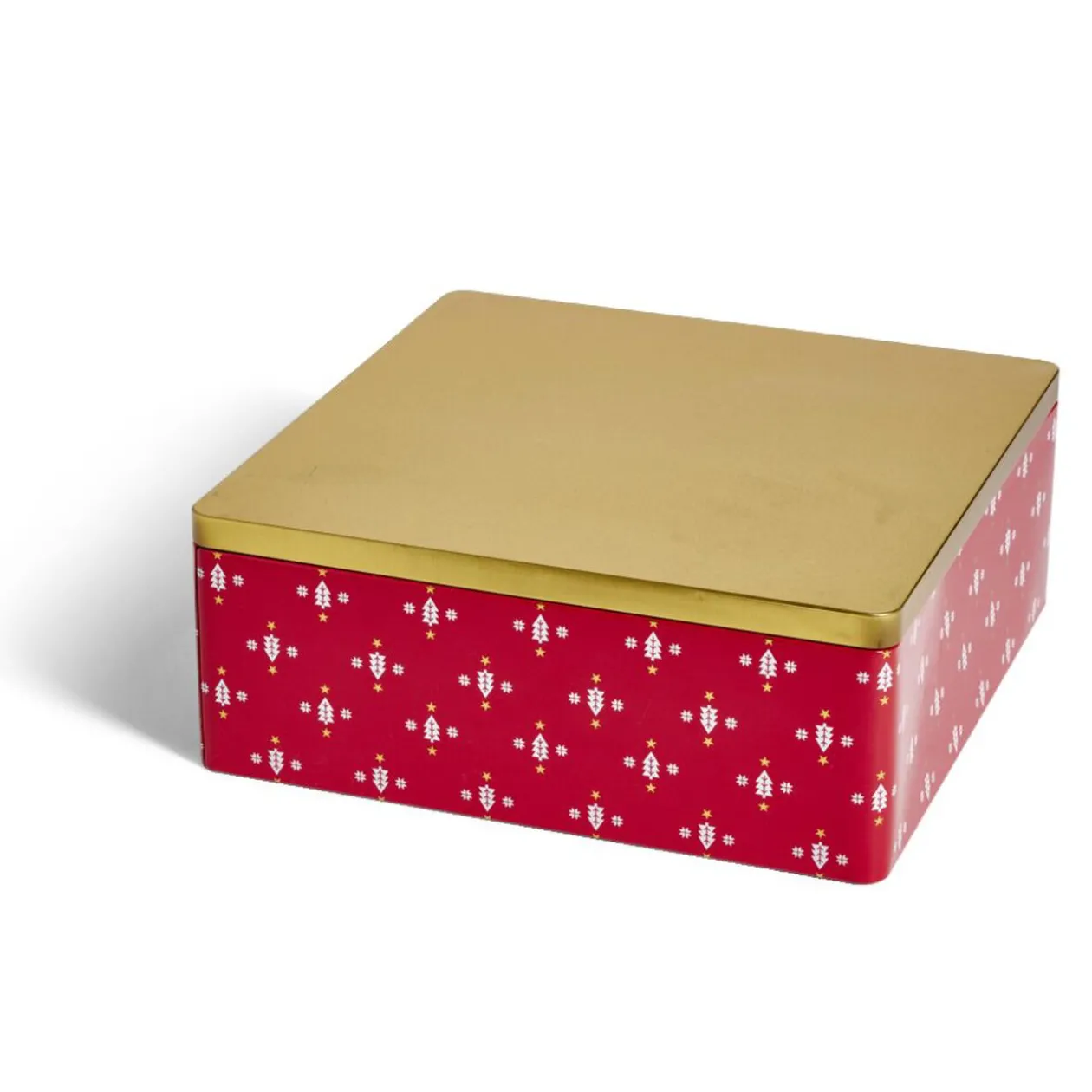 Boîte alimentaire carrée motif Noël métal rouge et dorée 26x26xH10cm