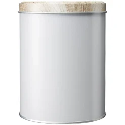 Boîte ronde en métal gris avec couvercle effet bois