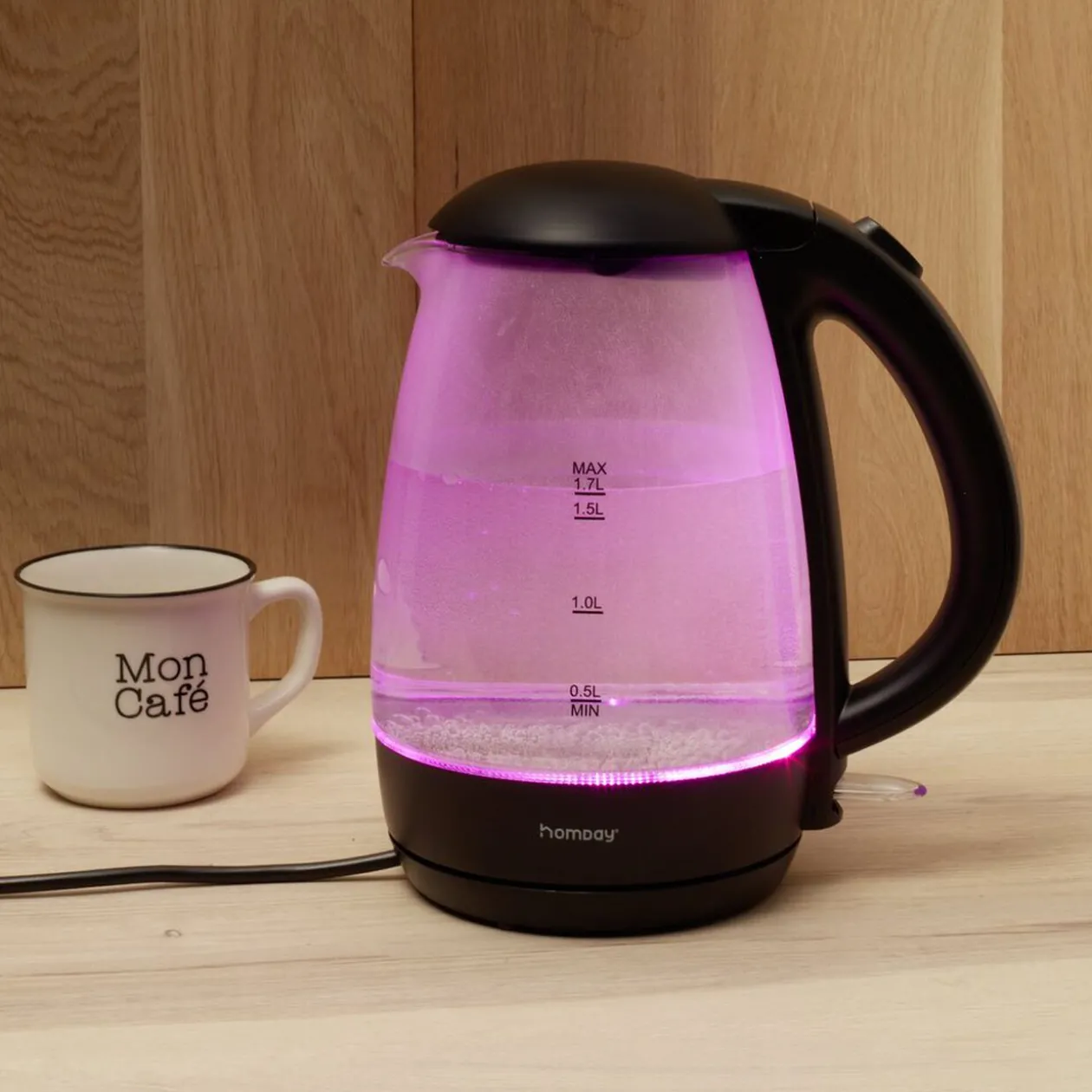 Bouilloire LED sans fil couleurs variables Homday en verre 1,7 L