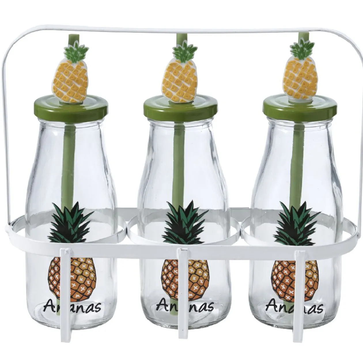 Bouteilles x3 avec pailles design exotique x3 panier métal blanc