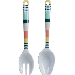 Couverts à salade blancs motif bayadère multicolore x2