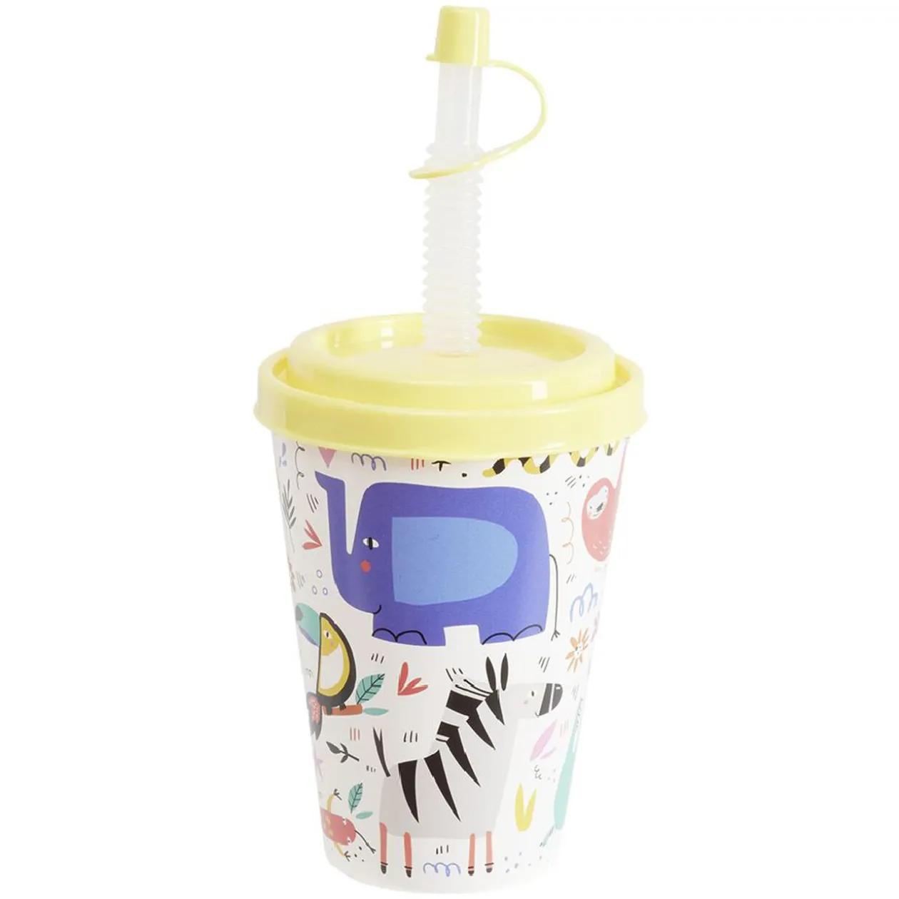Gobelet avec couvercle paille plastique jaune Ø8,7xH20cm