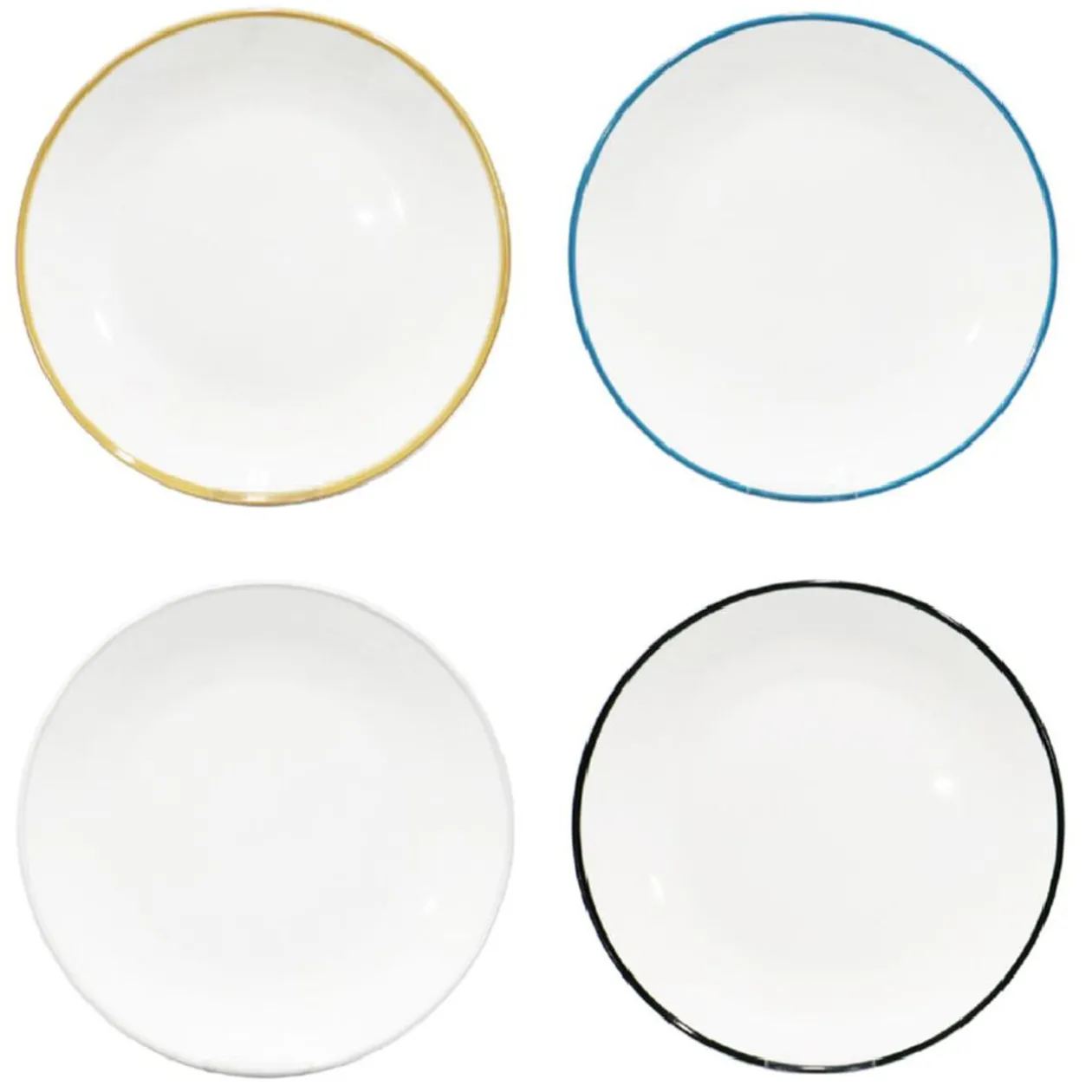 Lot de 4 assiettes plates rondes porcelaine blanche avec liseré coloré