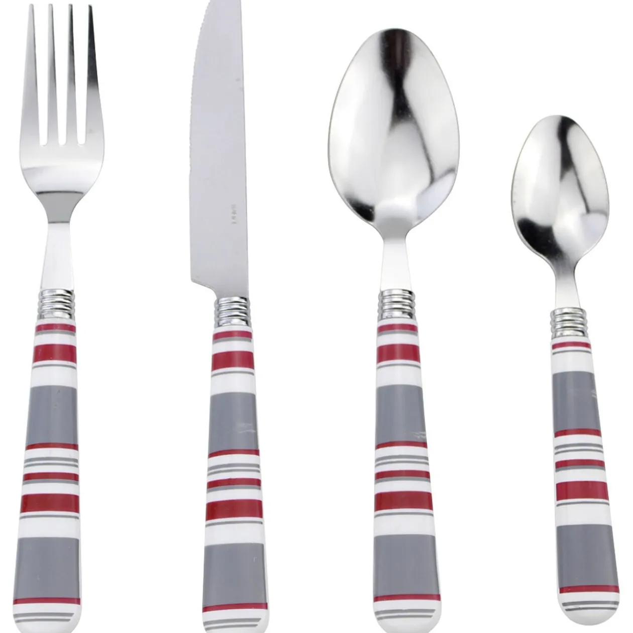 Ménagère 24 pièces motif bayadère rouge, blanc et gris