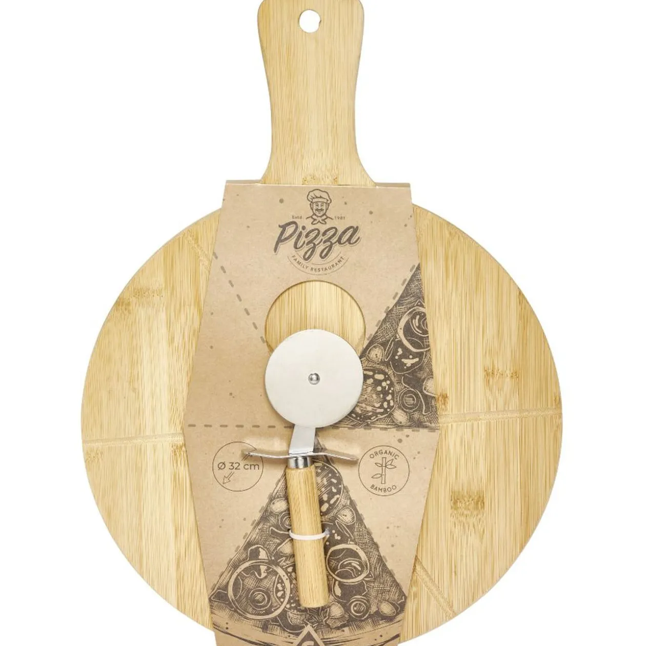Planche à découper 6 parts en bambou Ø32cm avec roulette à pizza