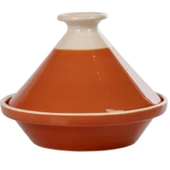 Plat à tajine en faïence rouge brique et blanc ivoire