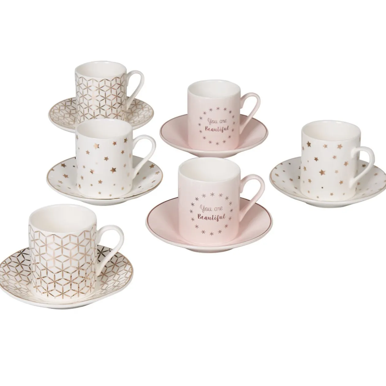 Service à café faïence blanc rose or 6 personnes