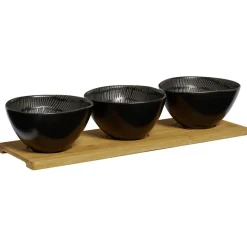 Service apéritif 3 bols en porcelaine et 1 planche en bambou